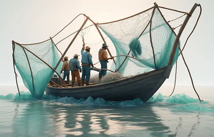Fishermen's Boat on Tranquil Lake 3D Character Design Illustration